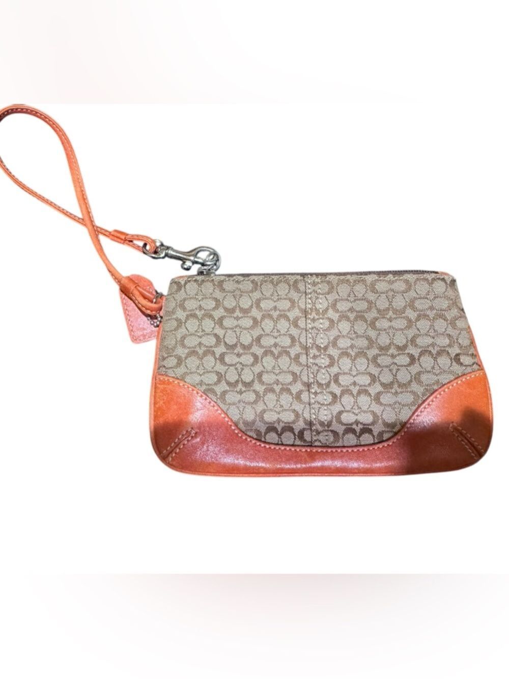 Coach Signature Canvas Orange Leather Trim Wristlet